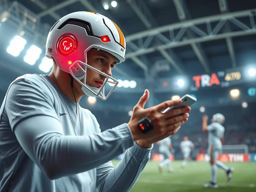 Futuristic sports management with AI predictions and data analytics, focusing on technology and innovation in sports