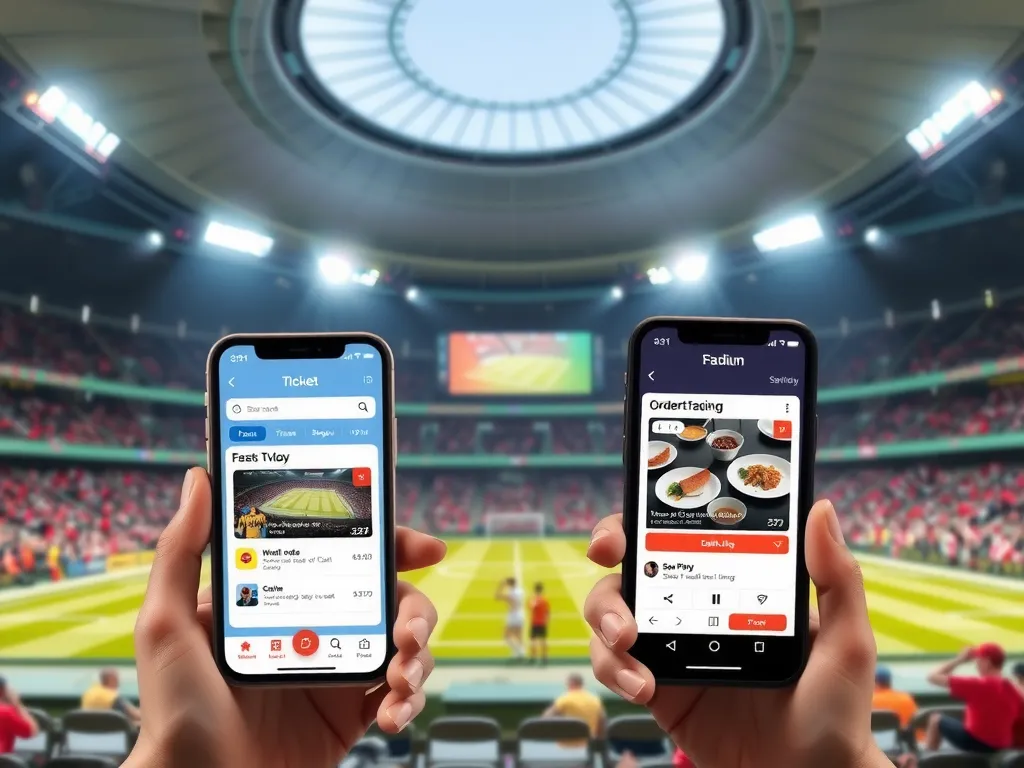 Smart stadium technology featuring mobile apps for fans, showing ticket booking and food ordering via smartphones, digital interaction in sports