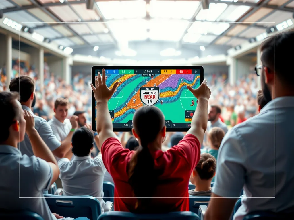 Interactive sports viewing experience with augmented reality, heat maps, dynamic statistics, and live predictions, showing excited fans engaged