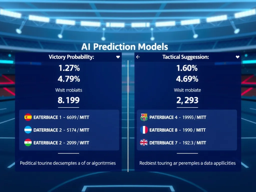 AI prediction models displaying victory probabilities and tactical suggestions during a match, using complex data algorithms, futuristic interface