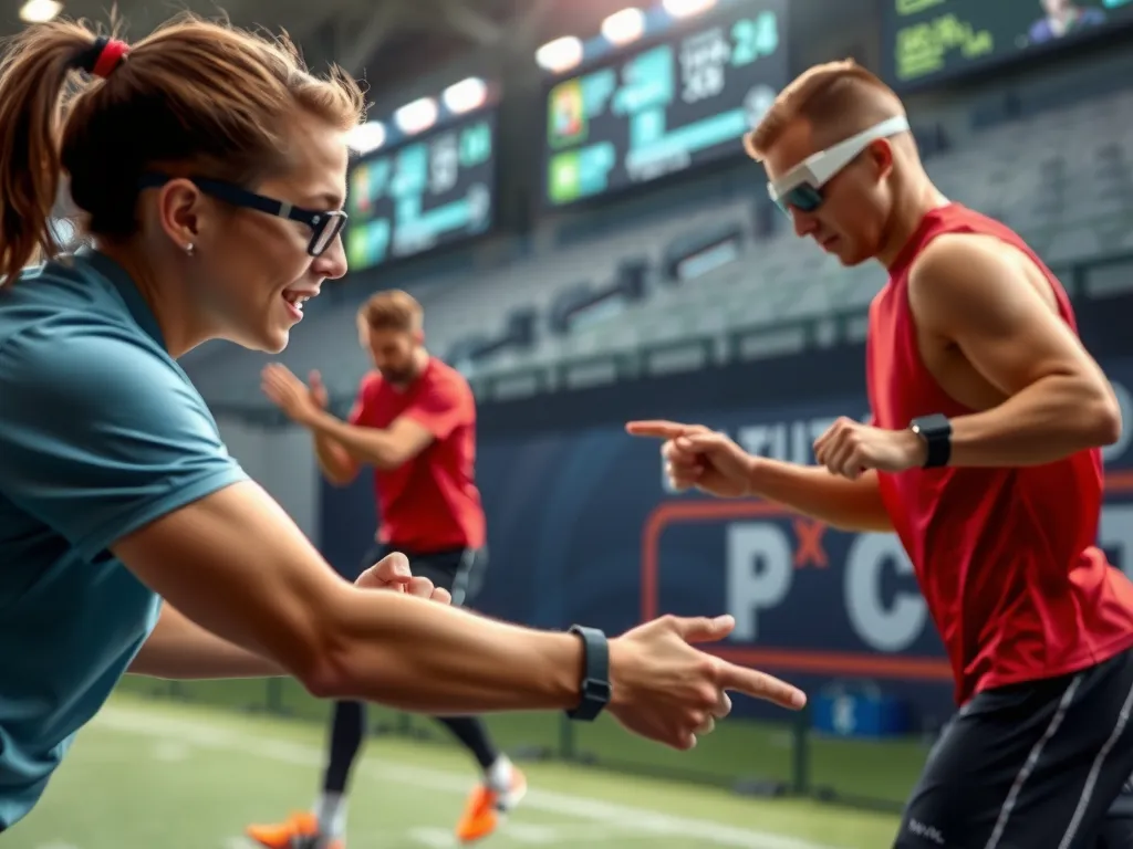 Smart training programs using wearable technology, personalized data tracking, and virtual simulations, featuring athletes in action, modern sports science