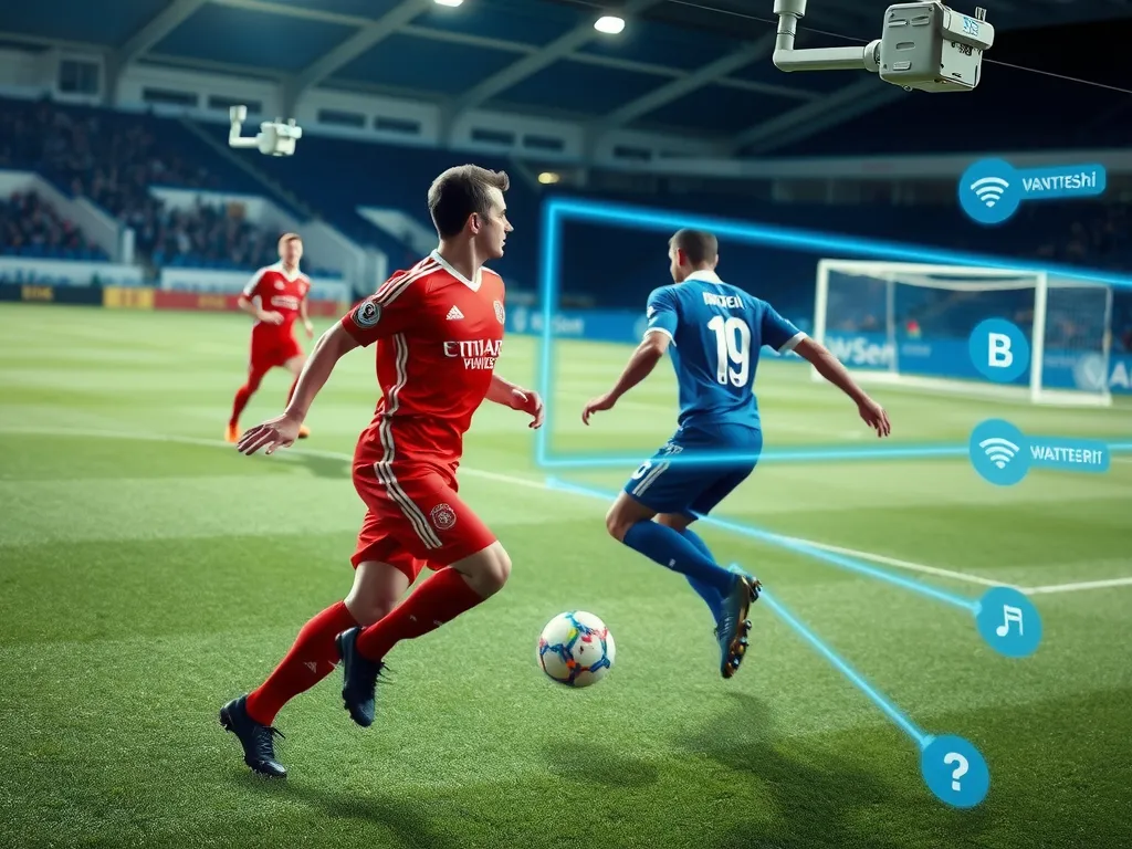 AI data analysis system for football with tracking cameras and sensors capturing player movements, professional, high detail