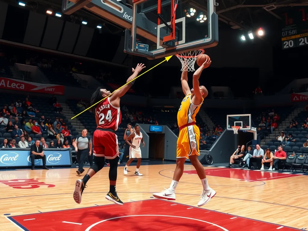 Motion tracking for basketball players using sensors and AI technology, capturing shot angles and player balance, detailed, innovative