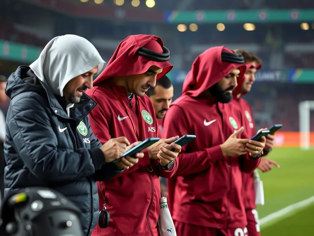 Arabic football coaches using smart devices on the sidelines to access live tactical data during a match, modern setting, photorealistic, technology and sports fusion
