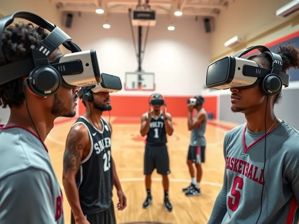 Basketball players using virtual reality headsets in a training facility, focusing on realistic simulation of game environments, detailed, high quality, immersive virtual scene