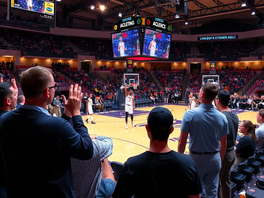 Fans watching a basketball game with augmented reality enhancements, accessing live statistics, graphics overlaying the game, advanced technology in sports experience, high quality