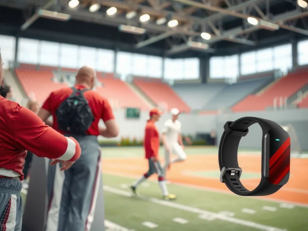 Smart wearable devices for monitoring player health, like heart rate sensors and biomechanical trackers, integrated in an athletic setting, high quality, modern fitness technology
