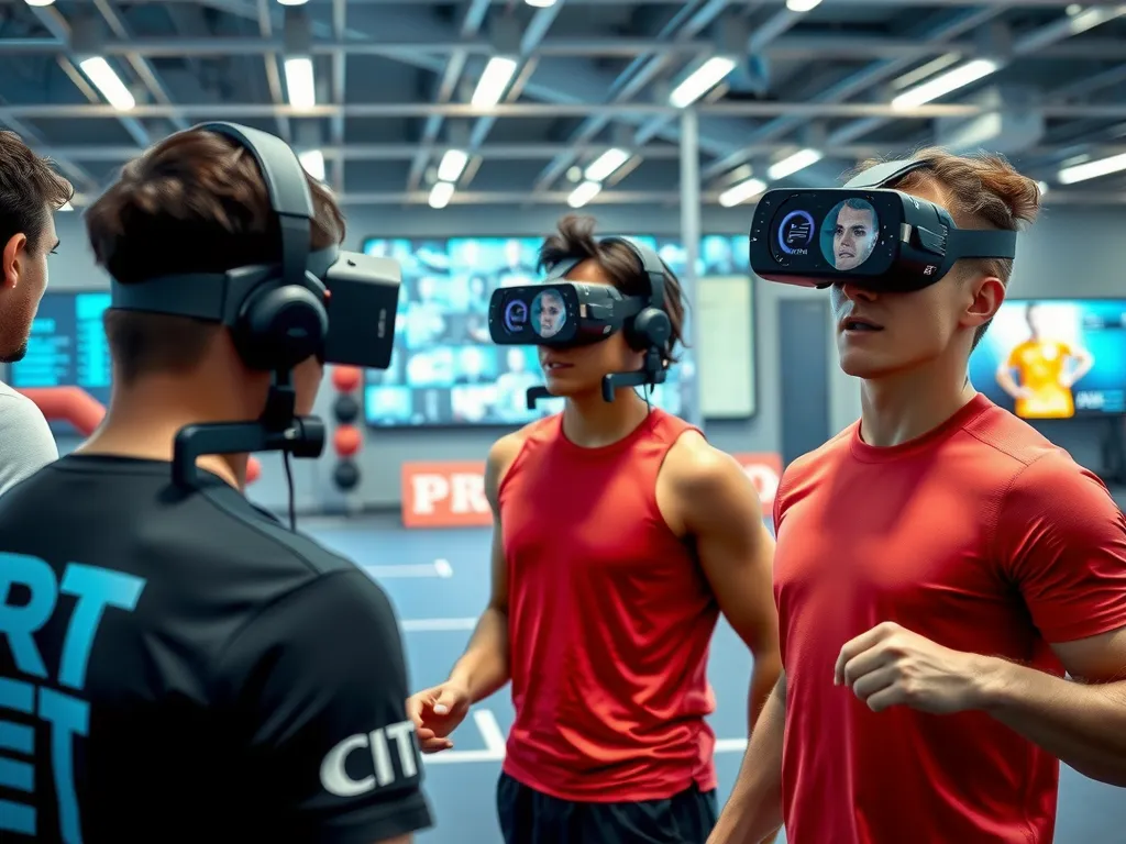 Advanced AI-driven training scene, showing wearable devices, data integration, and virtual reality simulations for athletes, photorealistic, modern training environment