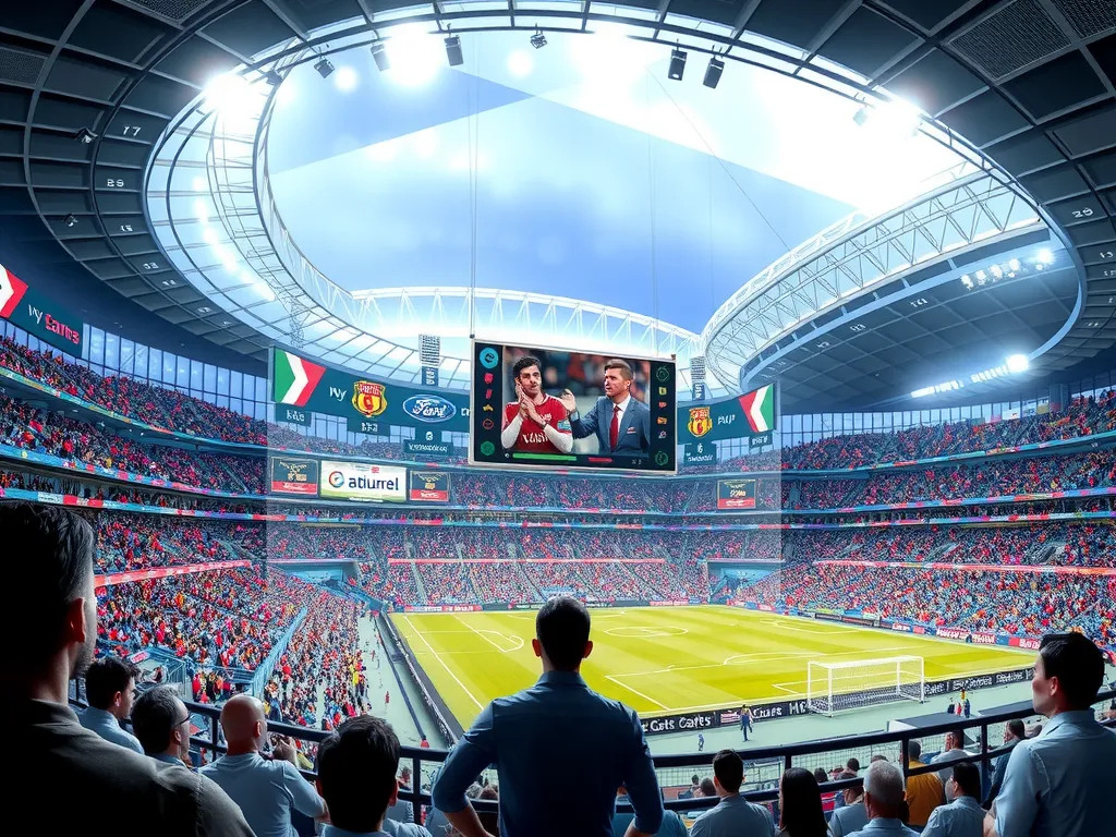 Digital fan experience in a modern stadium, with interactive applications, real-time statistics, and smart services for spectators, high quality, immersive technology showcase