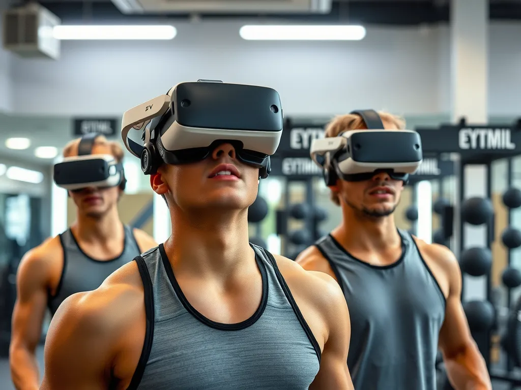Athletes training with virtual reality goggles in a modern gym, advanced sports equipment, detailed environment, high quality