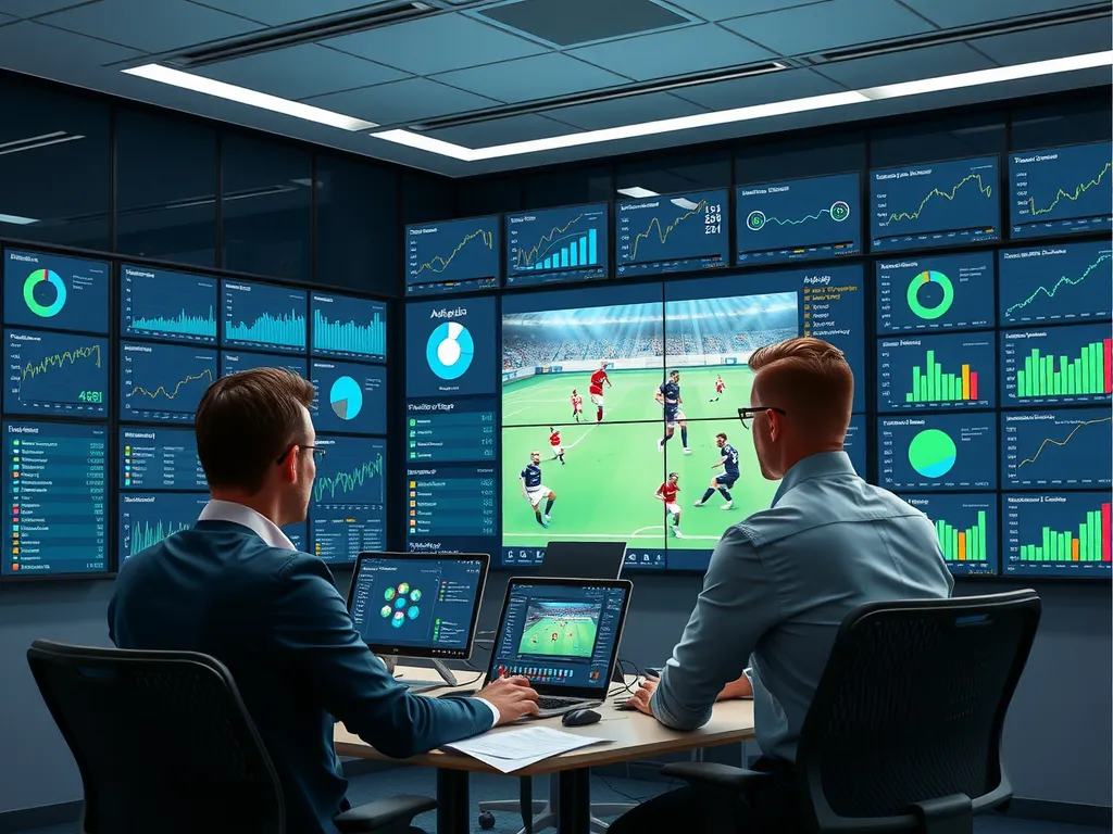 Data analysts working on big screens filled with football analytics and statistics in a modern office, high-tech environment, photorealistic