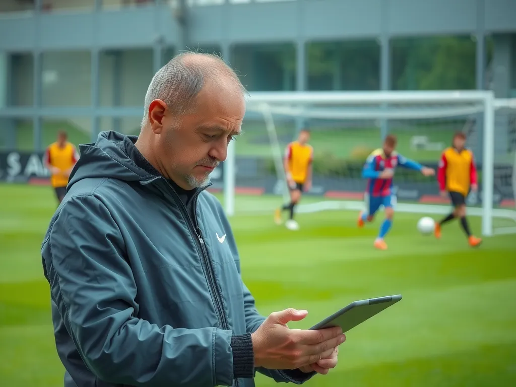 Football coach analyzing player movements on a digital tablet during a match, detailed, professional setting, goal in the background