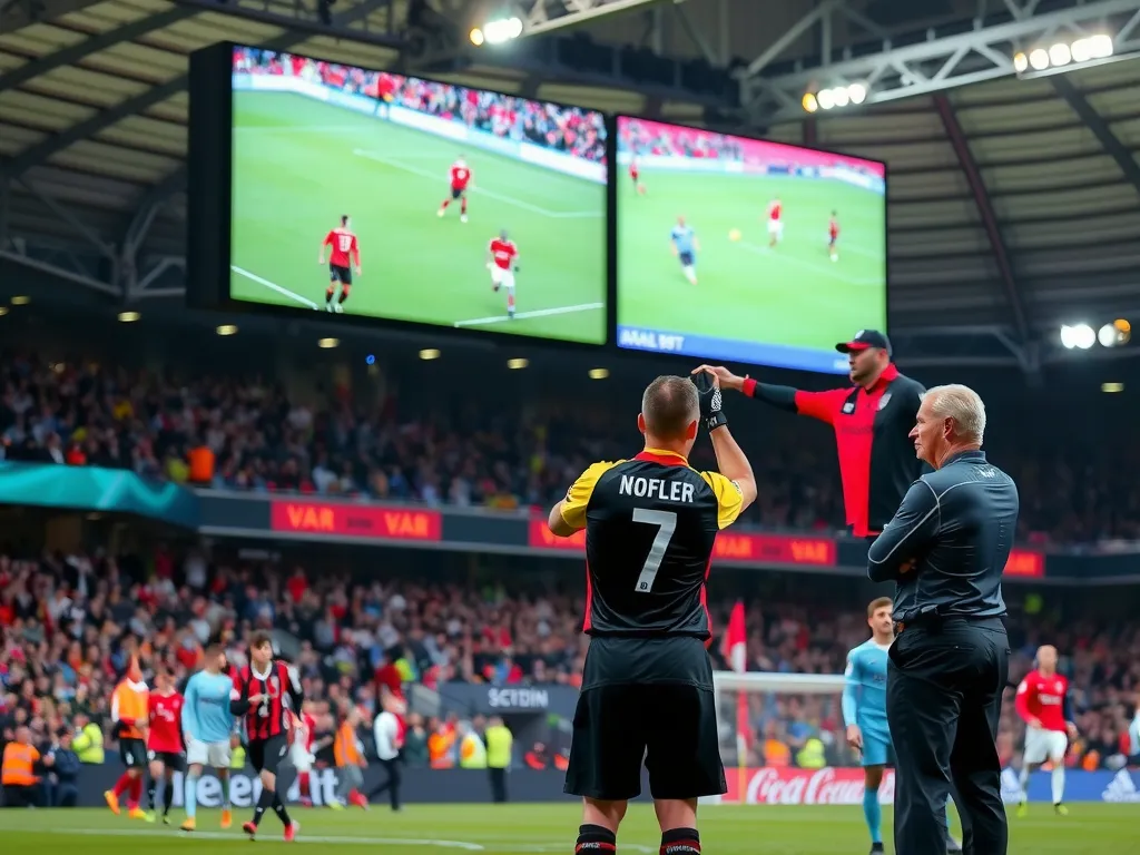 Referee using VAR technology in a football match, large screen showing replay, spectators watching, immersive scene, high quality