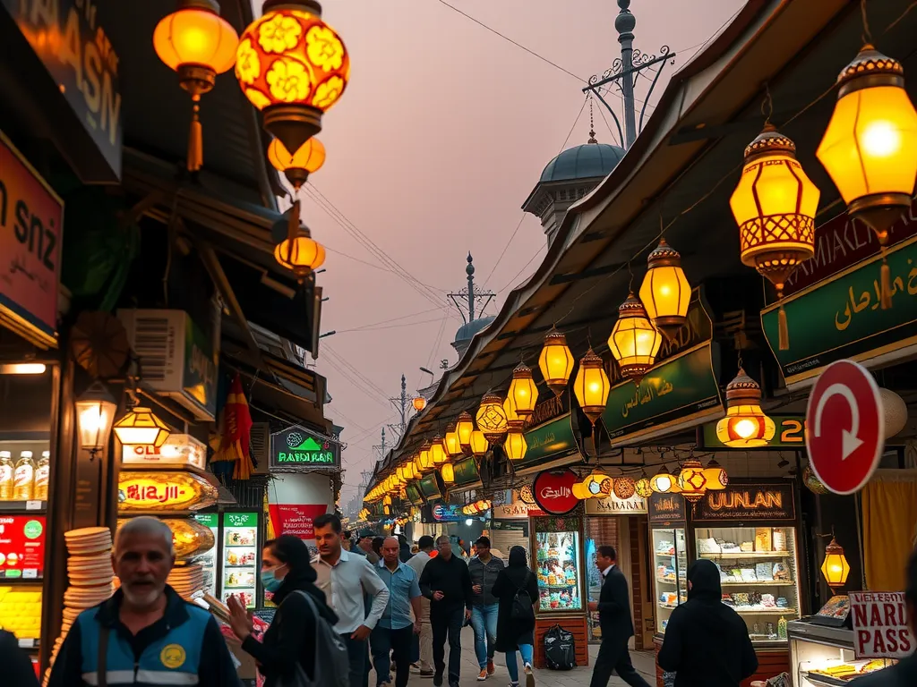 Arab market scene during Ramadan, featuring bustling activity and vibrant lanterns, representing high consumer engagement and peak sales period, photorealistic, high quality