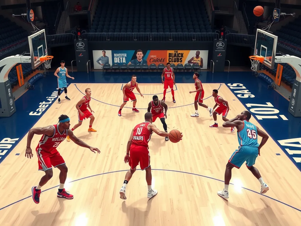 Basketball players in a coordinated defensive setup, combining man-to-man and zone defense strategies, photorealistic, showing teamwork and tactical adaptation