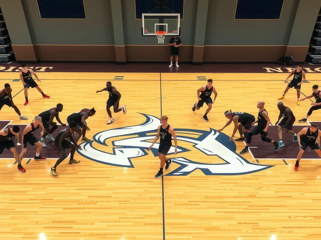 Basketball players executing 5-out and 4-out-1-in formations on the court, demonstrating strategic movement and spacing for offensive advantage, with a professional, photorealistic style
