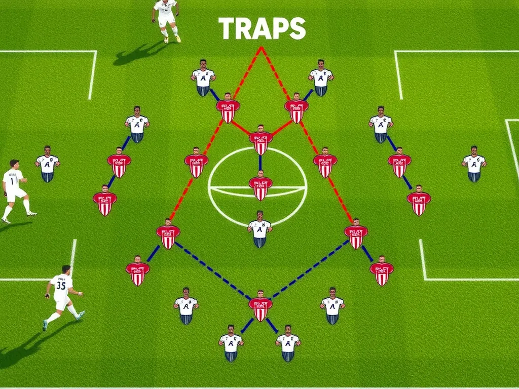 Dynamic modern football defensive setup with players organizing traps and formations to counter attacks