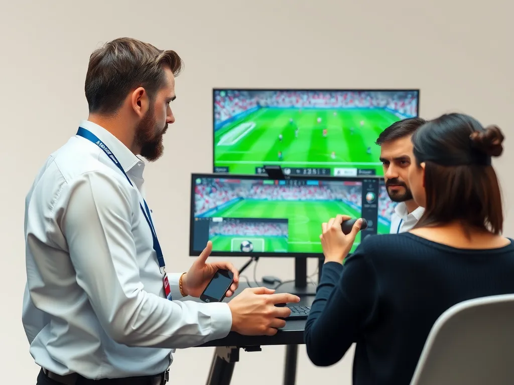 Football analysts using cutting-edge video review technology for in-depth match analysis, clean background