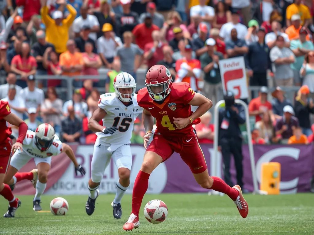 Strategic football offensive play with players exchanging positions rapidly to create scoring opportunities, high energy action shot