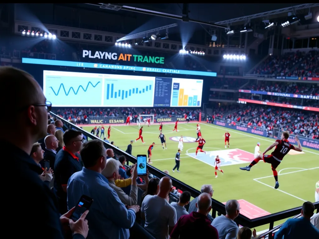 The use of AI in sports data analysis and fan engagement, showing analytics dashboards and AI systems in action during a live game