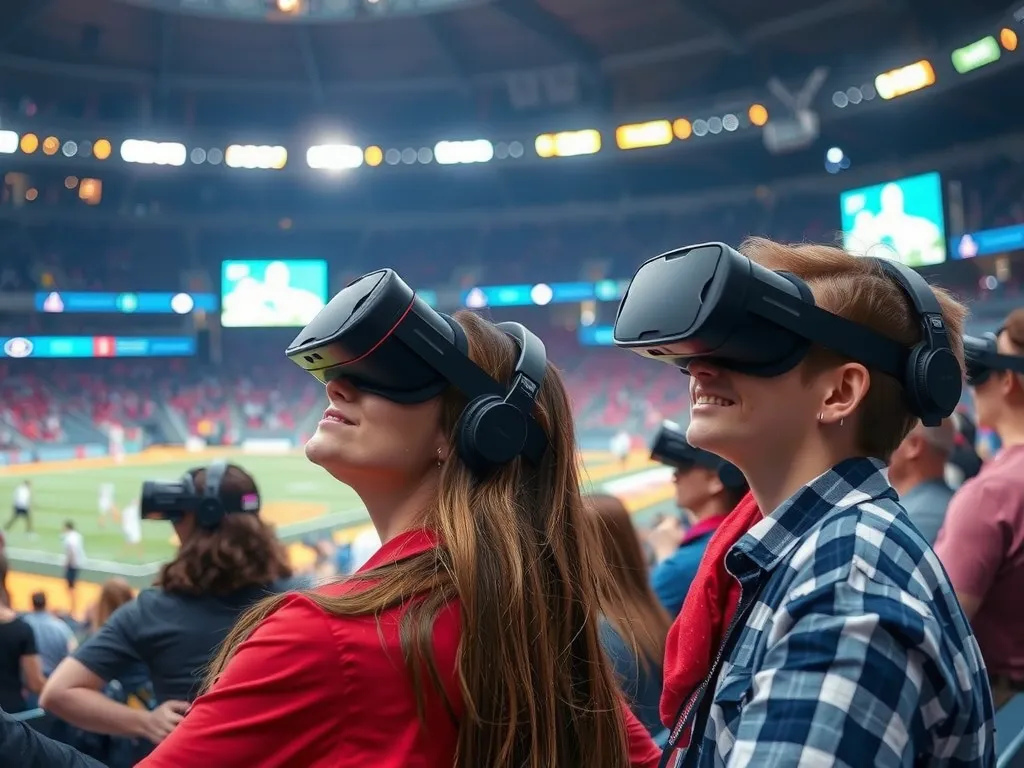 Virtual reality fans experience, wearing VR headsets watching a live sports event, immersive and vivid, professional photography