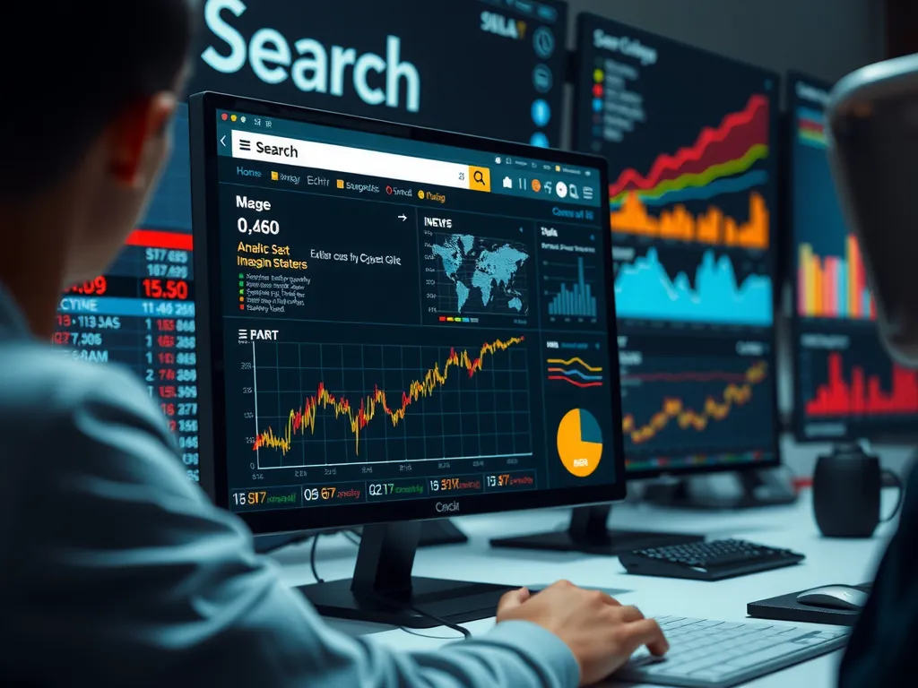Computer analyzing search engine data with charts and graphs, detailed statistics display, professional tech environment