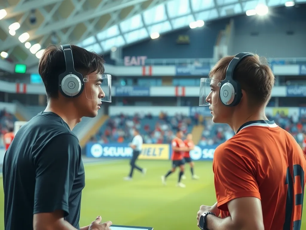 AI-driven talent scouting in sports, featuring digital analysis of athlete performance data, high-tech, professional sports setting