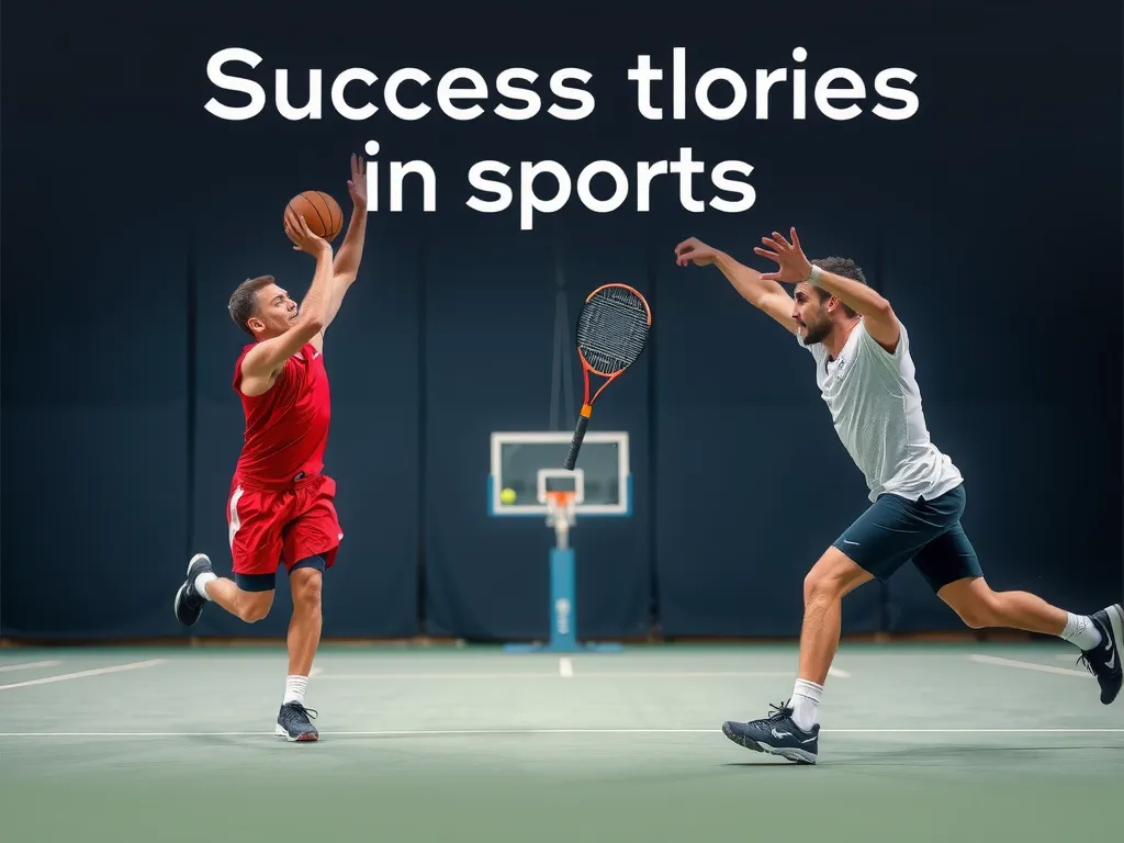 Success stories of AI in sports, showing innovative sports training methods and equipment, including basketball and tennis scenarios, high quality, dynamic action shots
