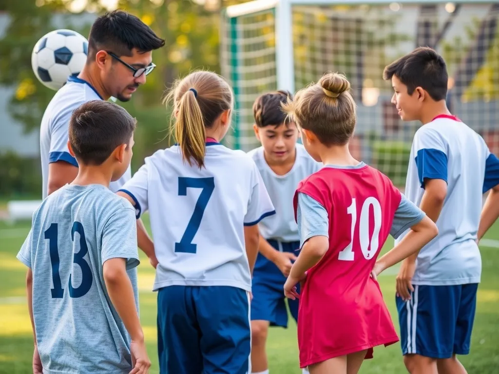 Close-up of a coach demonstrating soccer drills to young players, focus on clear instructions, teamwork in action, detailed shot