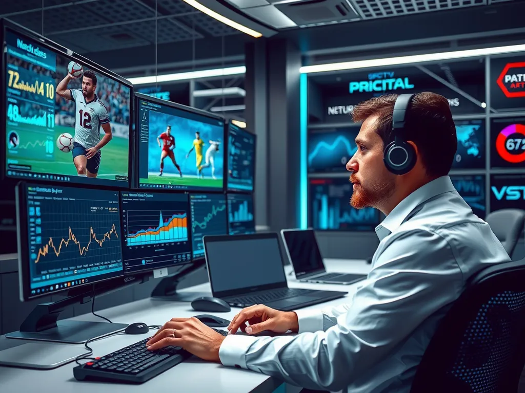 Modern sports analytics setup, coach reviewing player performance on screen, futuristic and detailed