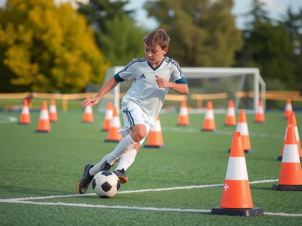 Young soccer player performing a dynamic dribble around cones, showcasing speed and agility, photorealistic action shot