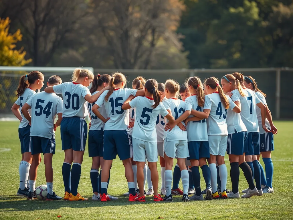 Youth soccer team in a huddle, displaying focus and teamwork, motivational atmosphere, photorealistic capture