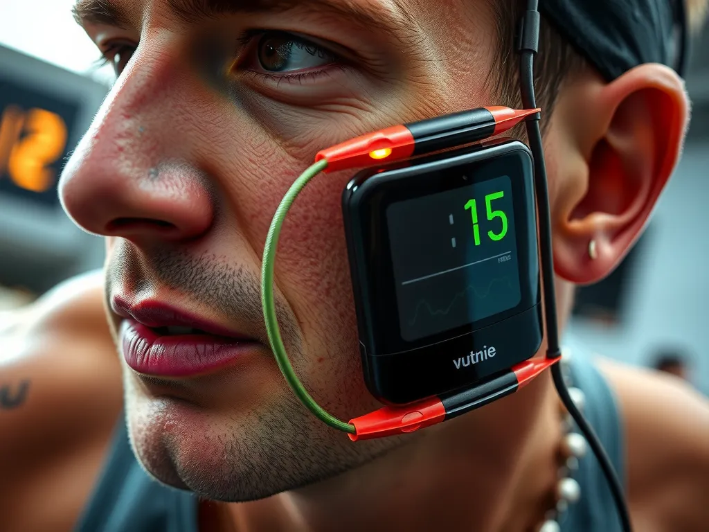 Close-up of biometric sensors measuring heart rates and muscle activity of an athlete, detailed, professional photography, high-tech setting