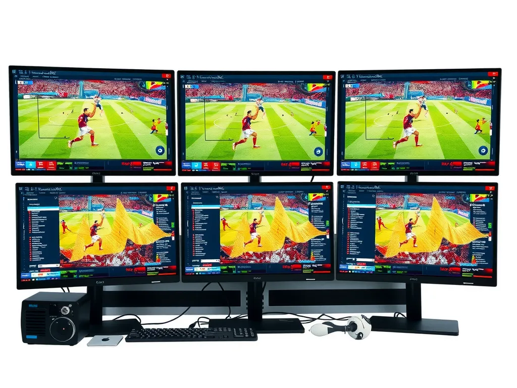Computer algorithms analyzing sports match footage data on multi-screen setup, representing AI-powered data analysis in sports