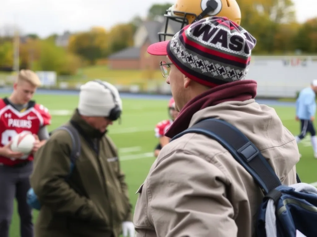 Traditional sports scouts observing a local amateur football game, capturing the personal and observational nature of traditional talent scouting