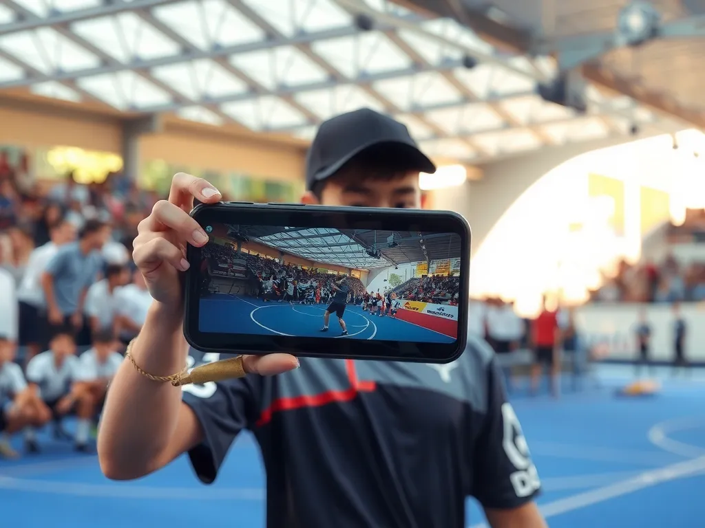 A young athlete performing in a local sports tournament filmed with a smartphone, highlighting AI video processing capabilities