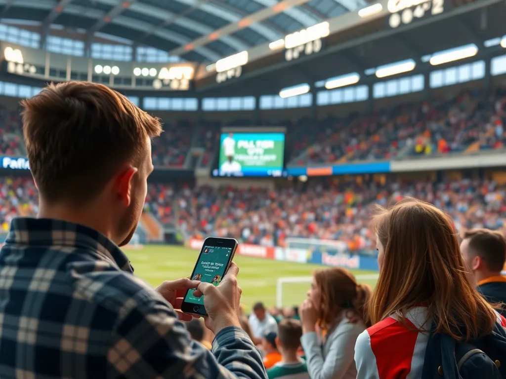 AI-driven fan experience at a football stadium, people receiving personalized alerts and offers on their smartphones, lively crowd, vibrant stadium atmosphere