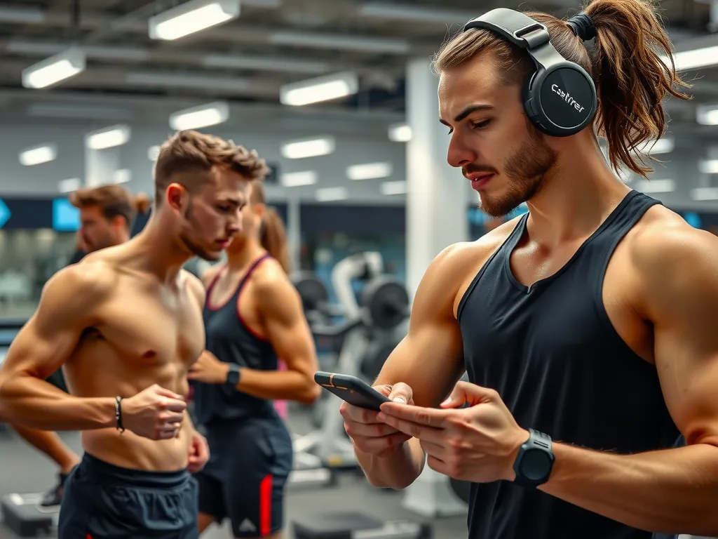 Modern gym with athletes using wearable technology for performance measurement, smart devices monitoring fitness data in real-time, photorealistic, dynamic angle