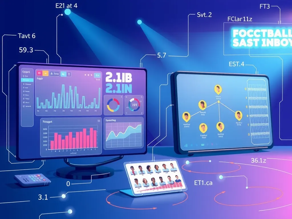An illustration of an AI-assisted sports club management system, showing digital interfaces with data analytics, player performance metrics, and team organization charts, futuristic design, high-tech environment, clean layout