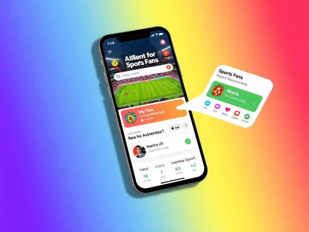 Interactive mobile app interface for sports fans, offering real-time match data and personalized content recommendations, sleek design, vibrant colors