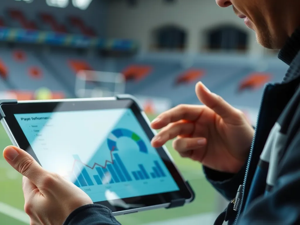 Close-up of a sports scout using a tablet to analyze player performance with AI, showing a digital interface with data points and graphs, high detail, professional photography
