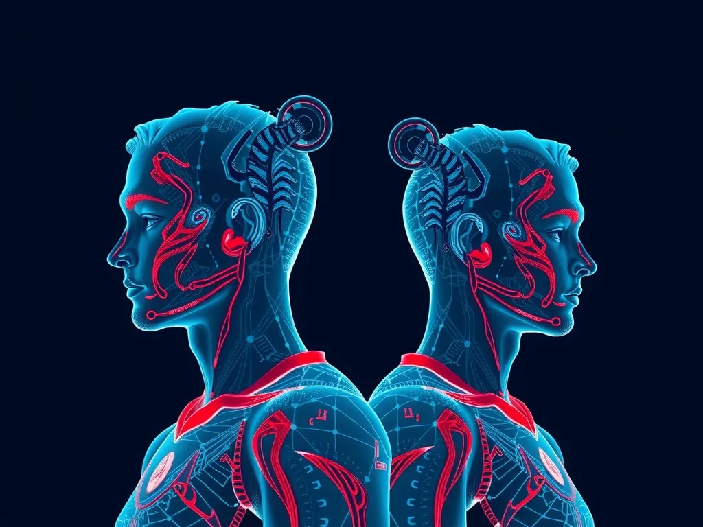 Conceptual image of digital twins of athletes, showing data layers and virtual scenarios in sports, futuristic style, minimalistic and clean