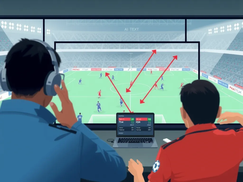 Illustration of AI algorithms analyzing sports match video footage, with visible movement tracking of players and ball, clean and detailed, high-tech setting