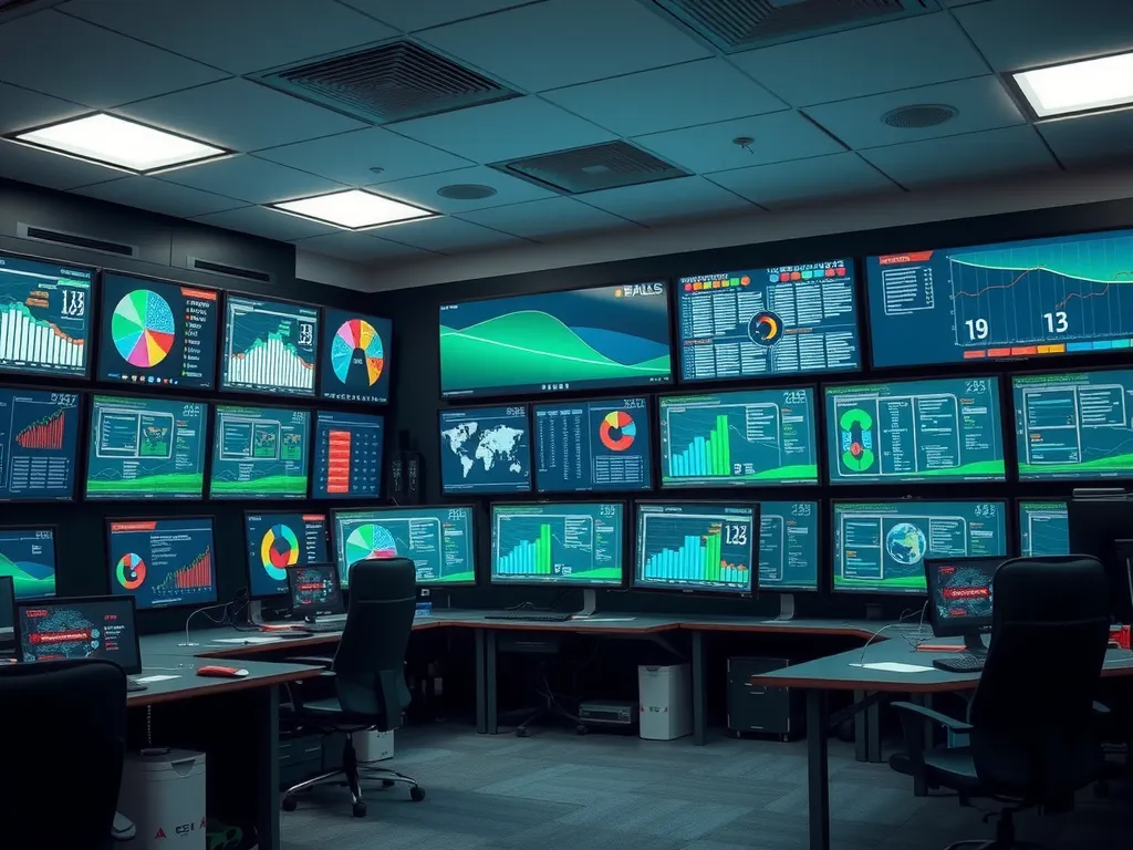 A high-tech sports analysis laboratory with multiple computer screens displaying sports data, charts, and AI algorithms, showcasing the integration of artificial intelligence in sports analysis, photorealistic, high-quality, professional lighting