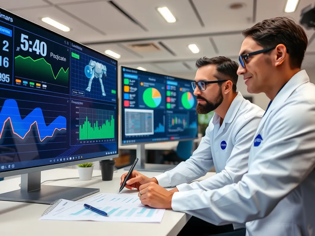 Data analysts working with advanced AI systems to enhance fan engagement and sports experience, depicting modern technology interfaces and visual data representations, professional setting, clean and modern.