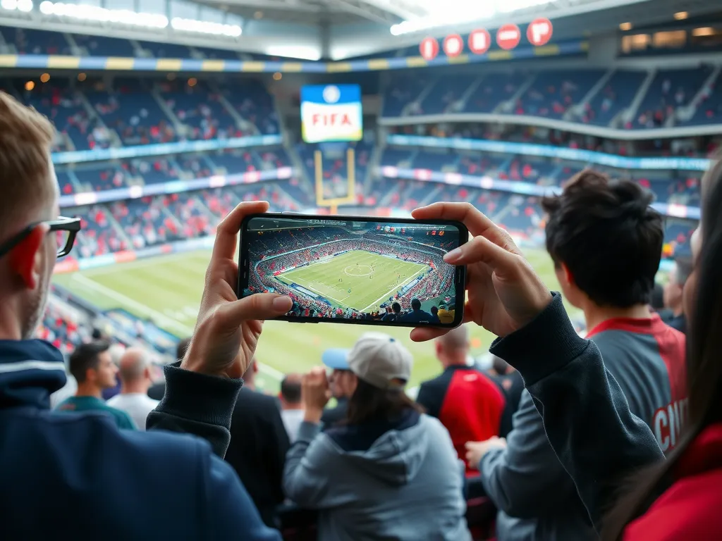 Fans using augmented reality on their smartphones during a live sports event, with interactive digital content and real-time data overlays, engaging and immersive atmosphere, photorealistic.