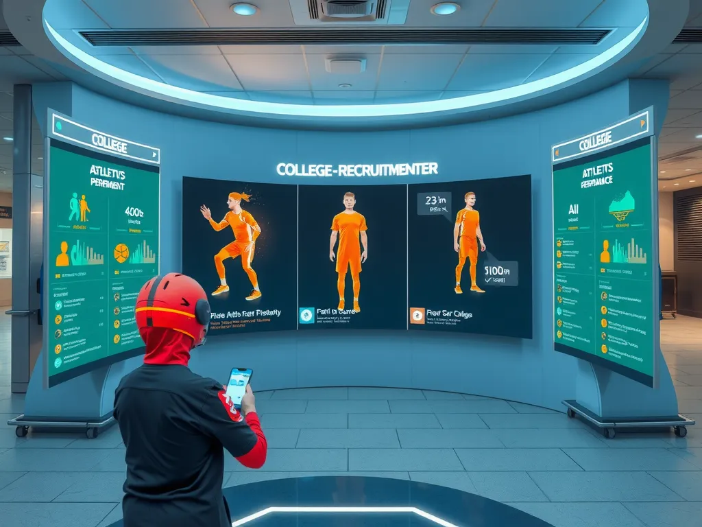 Futuristic college recruitment center with AI evaluating athletic performance and traits, conceptual modern recruitment technology