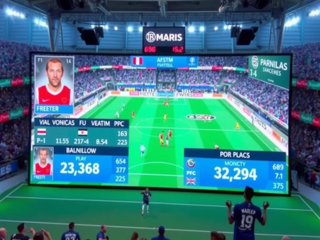 Sports broadcast with digital overlays showing player statistics in real-time, dynamic graphics, high-tech display, modern sports viewing experience
