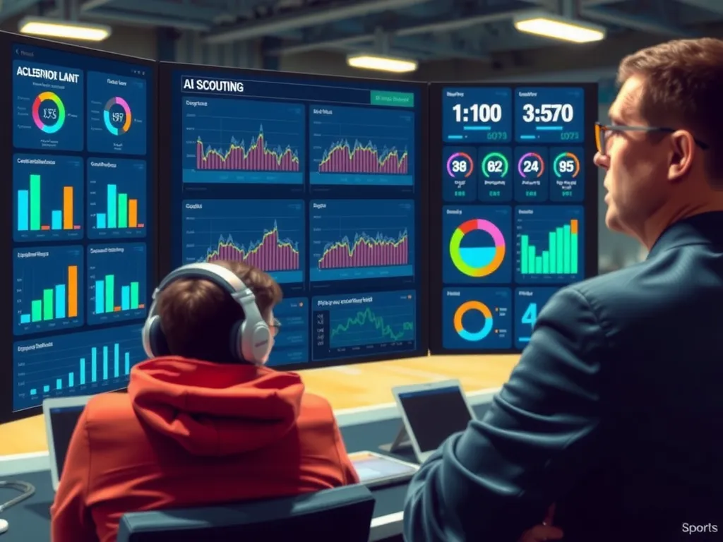 Sports scouting scene with digital dashboard showing AI-driven insights, player performance metrics, coaches evaluating emerging talent