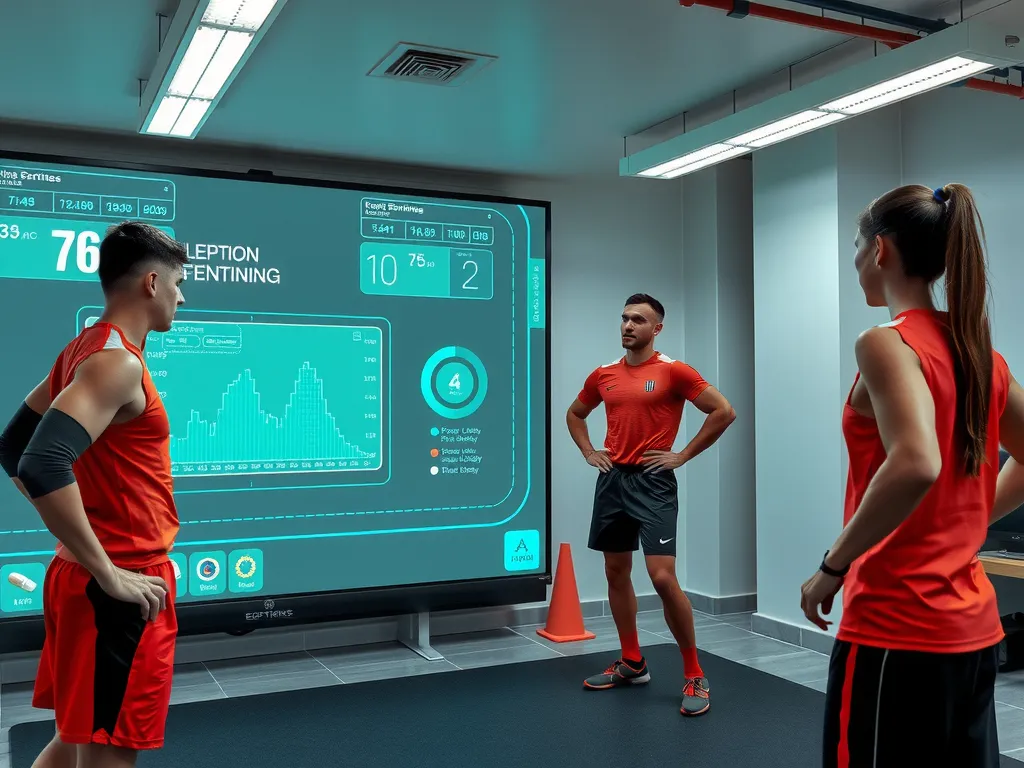 Training facility with athletes analyzed through AI biomechanical analysis, real-time data visualization, futuristic sports coaching
